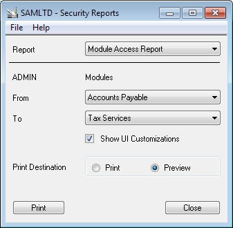 Sage Accpac ERP Security Report by Module